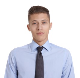 Handsome young man in formal outfit on white background