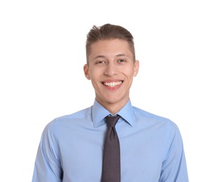 Handsome young man in formal outfit on white background