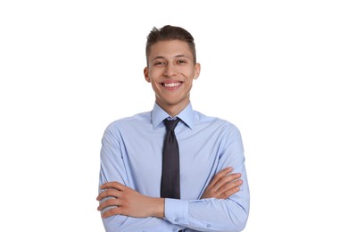 Photo of Handsome young man in formal outfit on white background