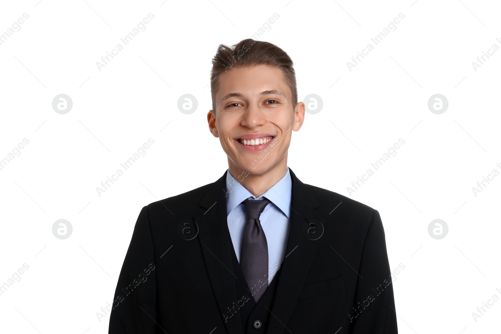 Photo of Handsome young man in suit on white background