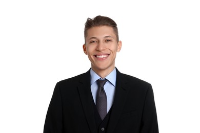 Handsome young man in suit on white background