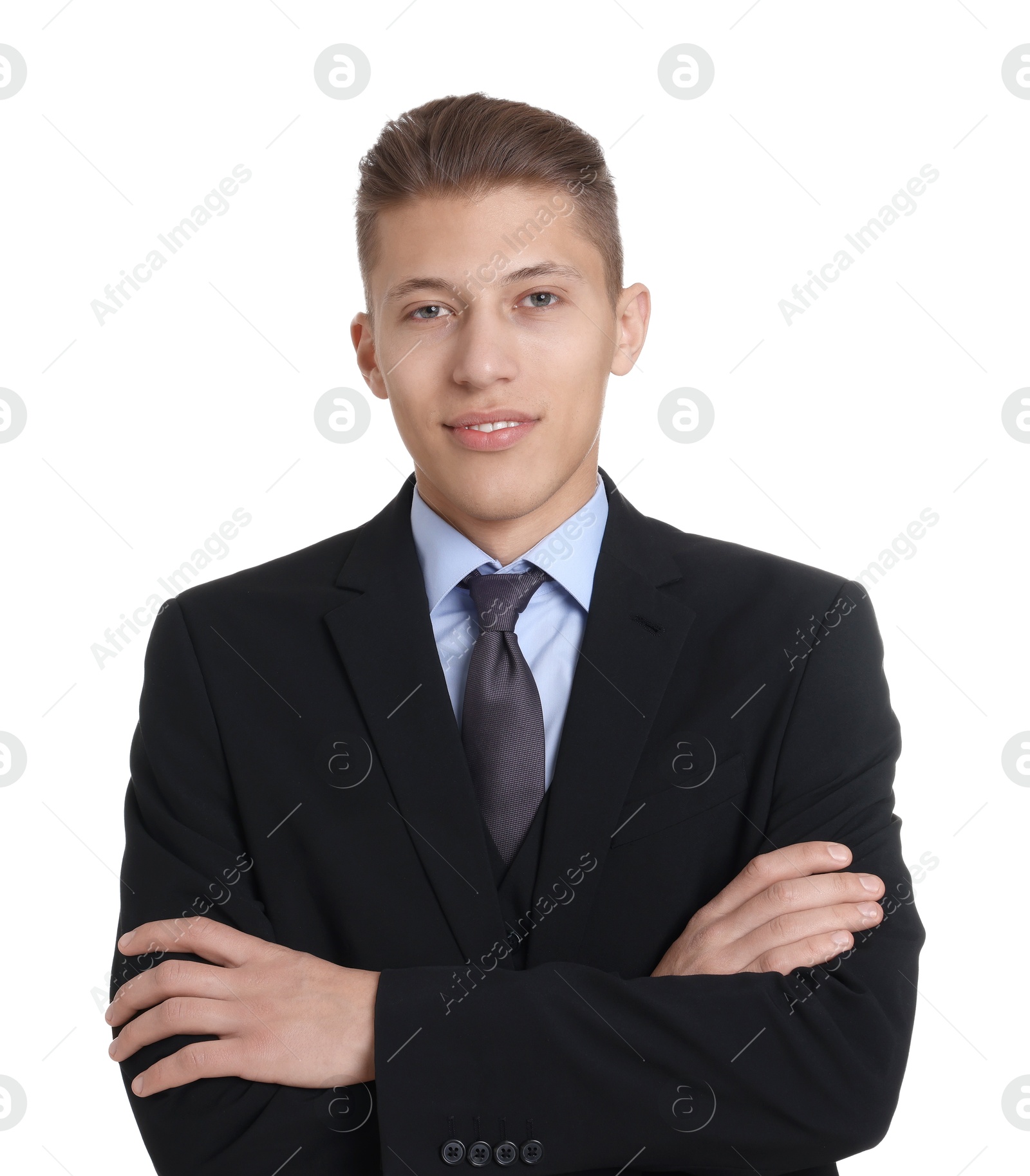 Photo of Handsome young man in suit on white background