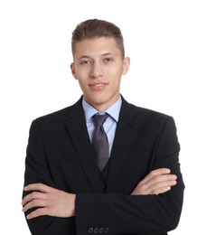 Handsome young man in suit on white background