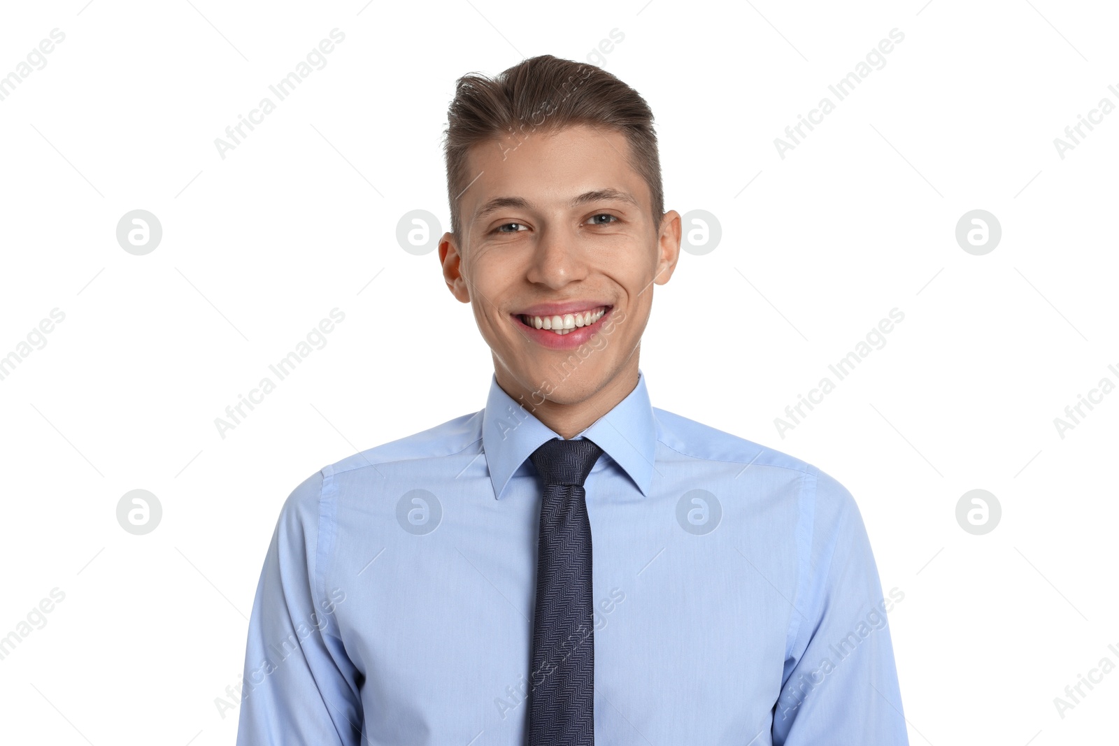 Photo of Handsome young man in formal outfit on white background