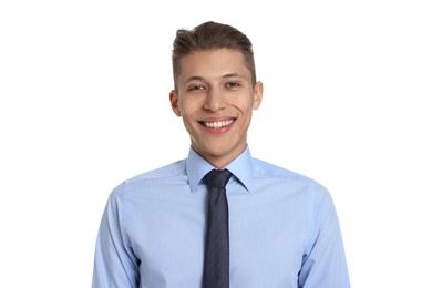 Handsome young man in formal outfit on white background