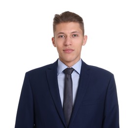 Photo of Handsome young man in suit on white background