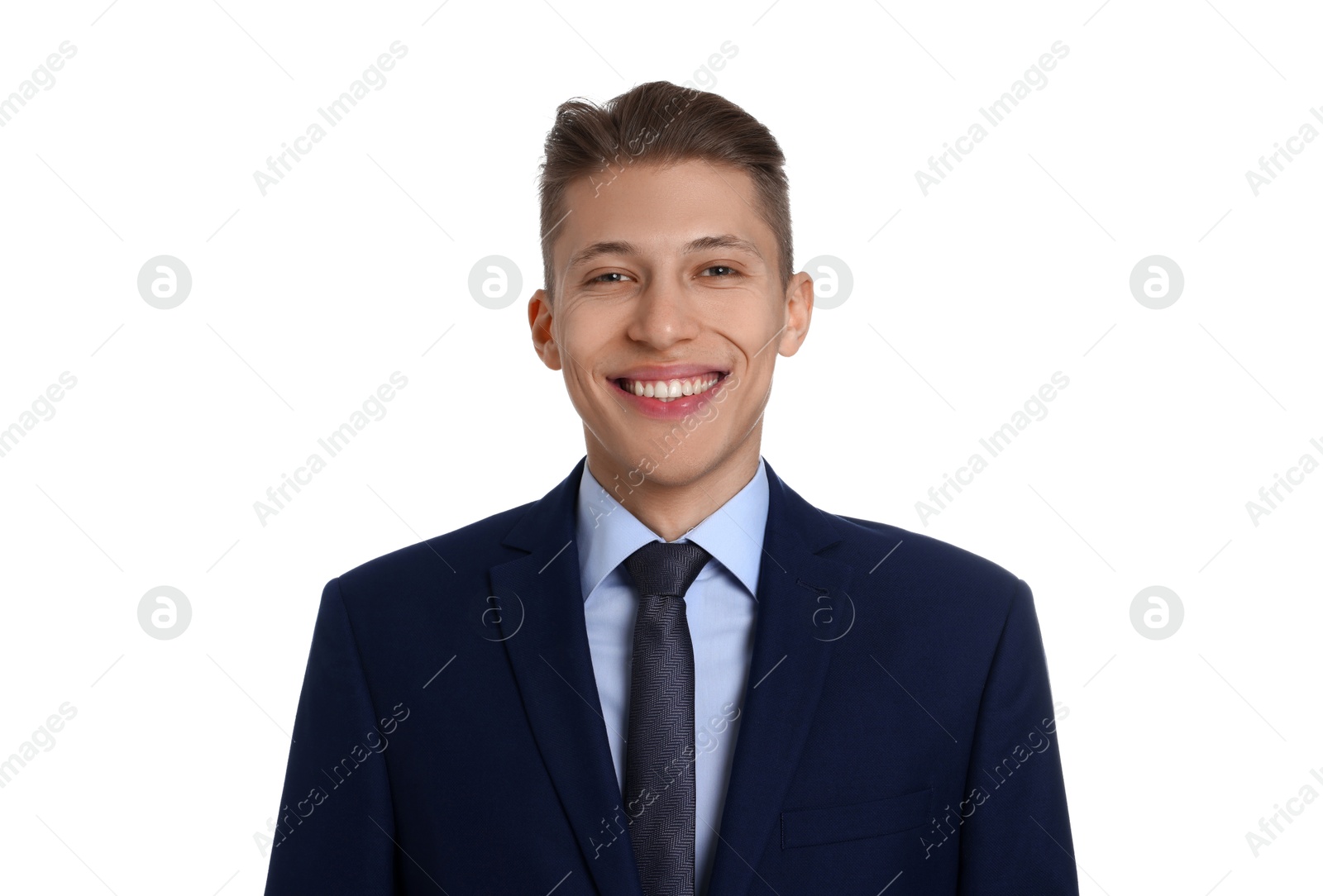 Photo of Handsome young man in suit on white background