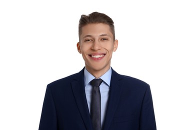 Handsome young man in suit on white background