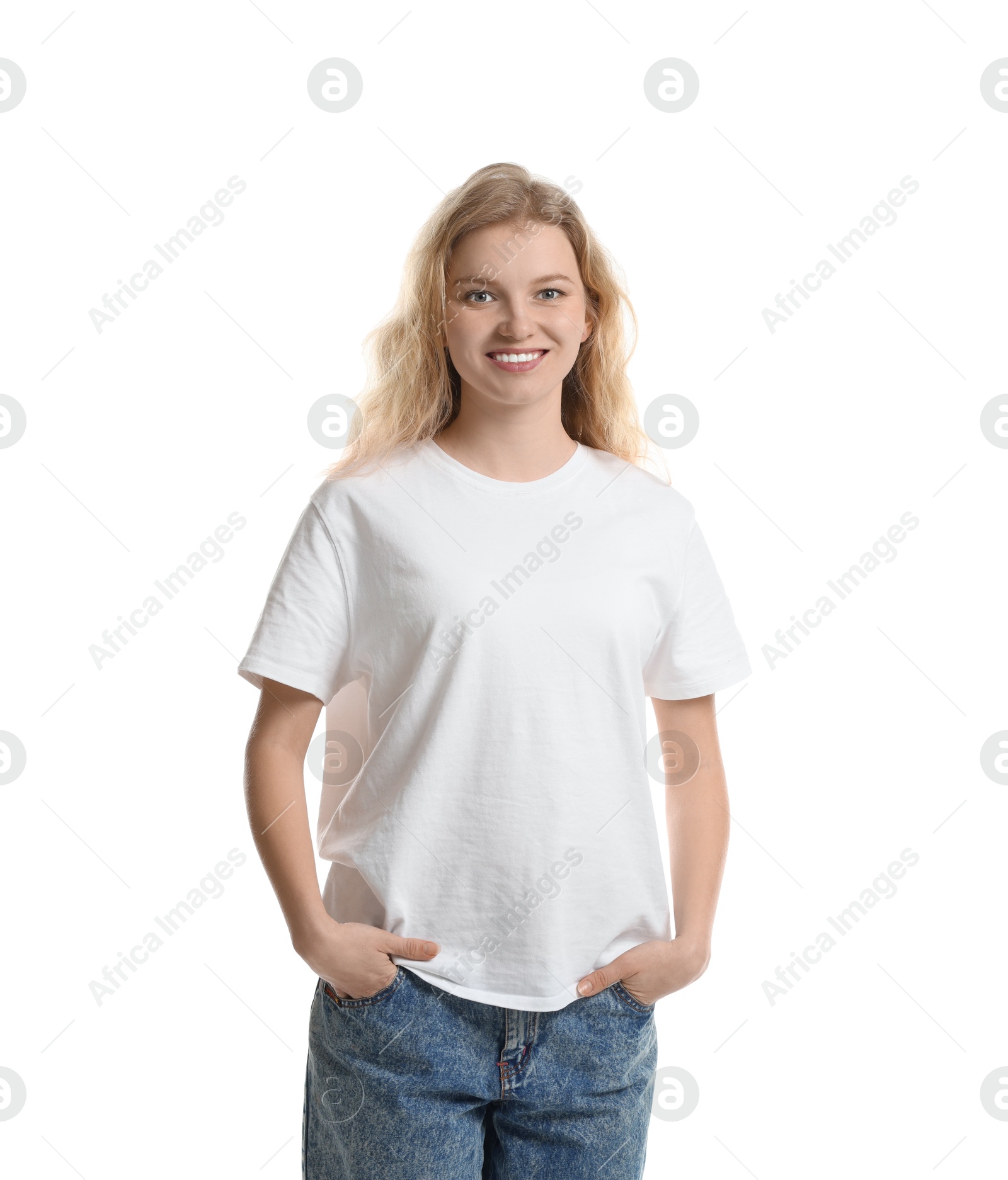 Photo of Young woman wearing blank t-shirt on white background. Mockup for design