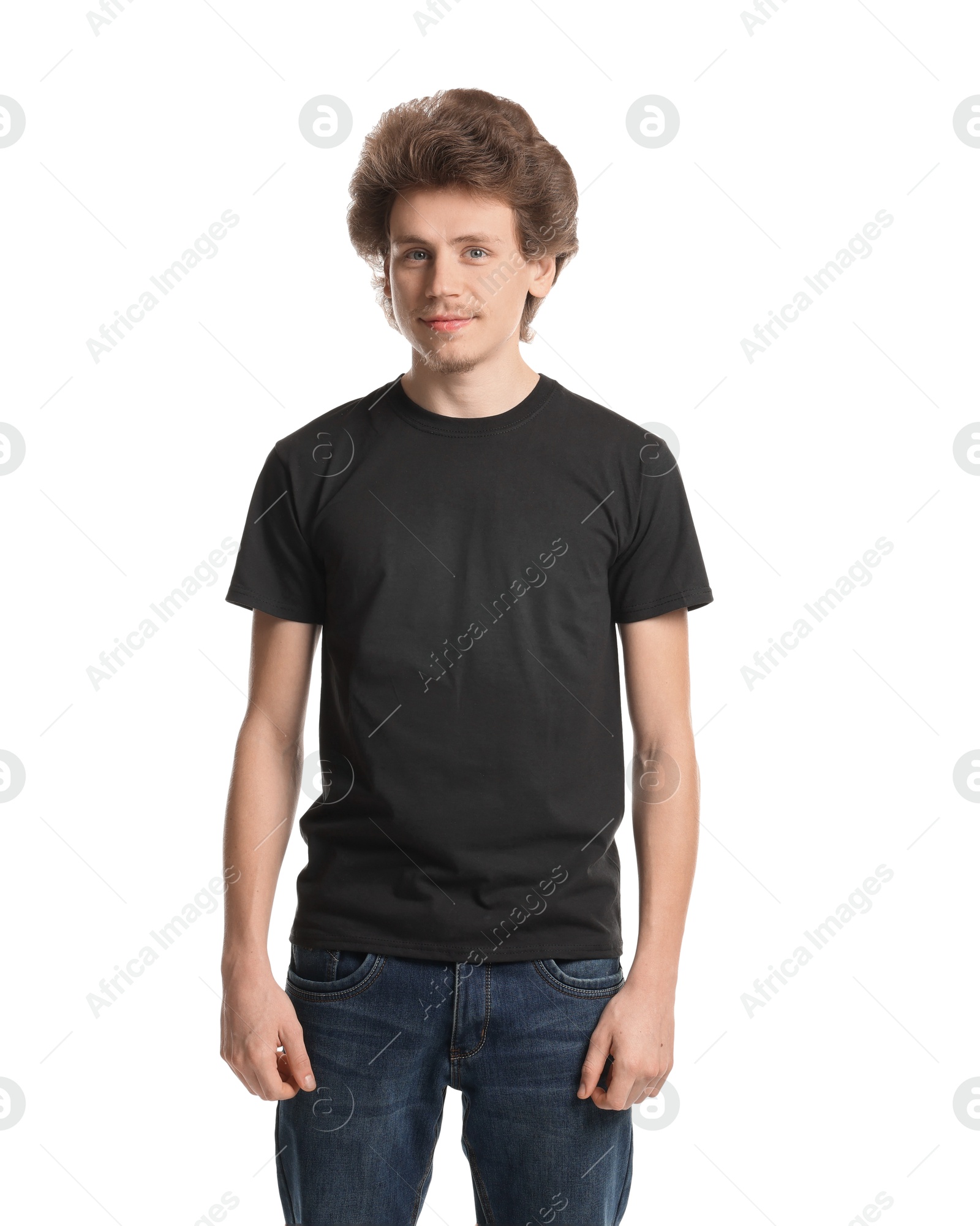 Photo of Young man wearing blank black t-shirt on white background. Mockup for design