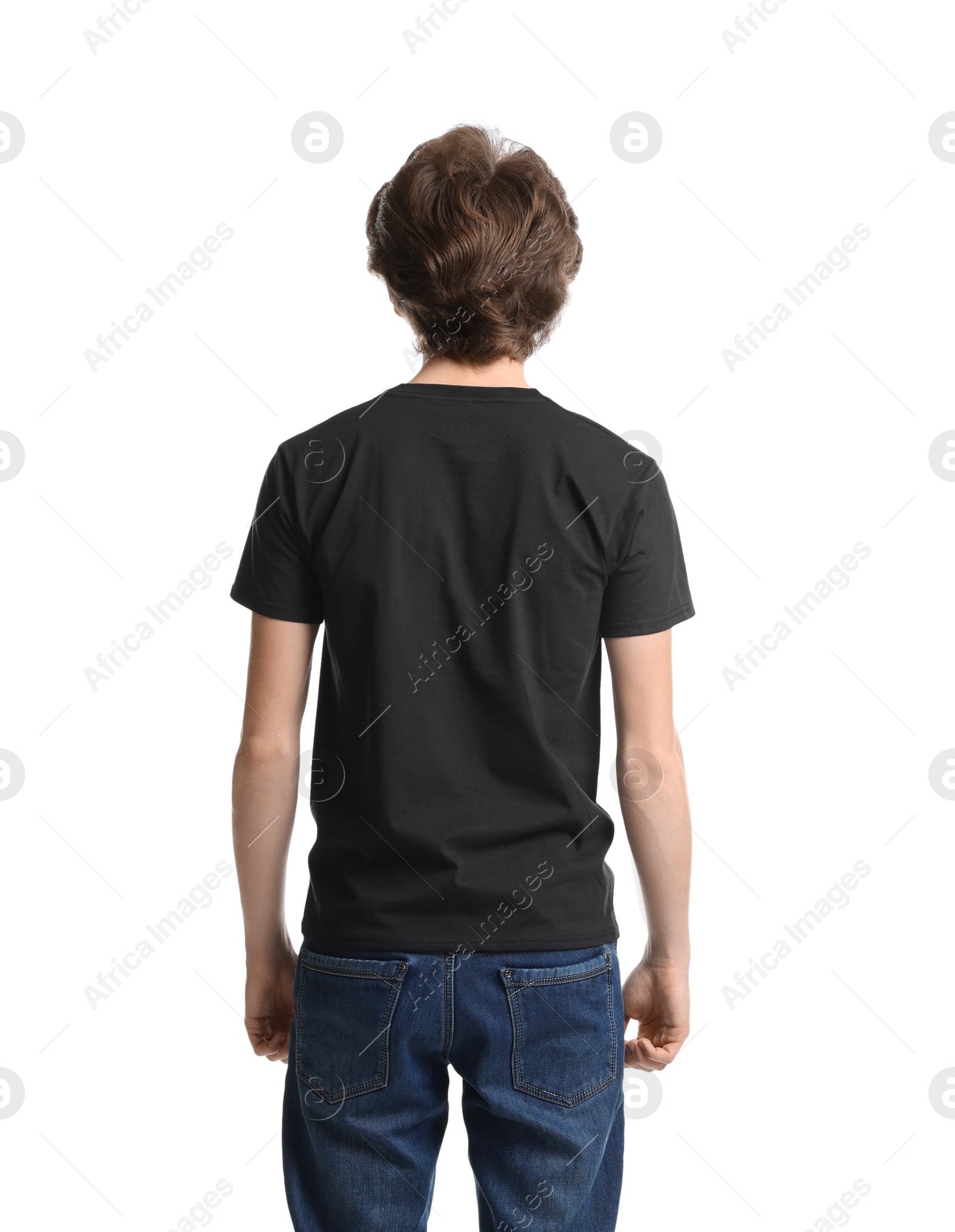 Photo of Young man wearing blank black t-shirt on white background, back view. Mockup for design