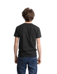 Photo of Young man wearing blank black t-shirt on white background, back view. Mockup for design