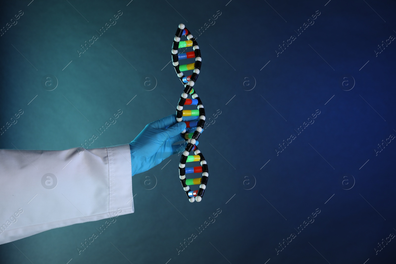 Photo of Scientist with DNA structure model on dark blue background, closeup