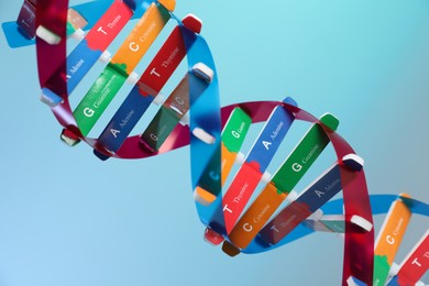 Photo of DNA structure model on light blue background, closeup