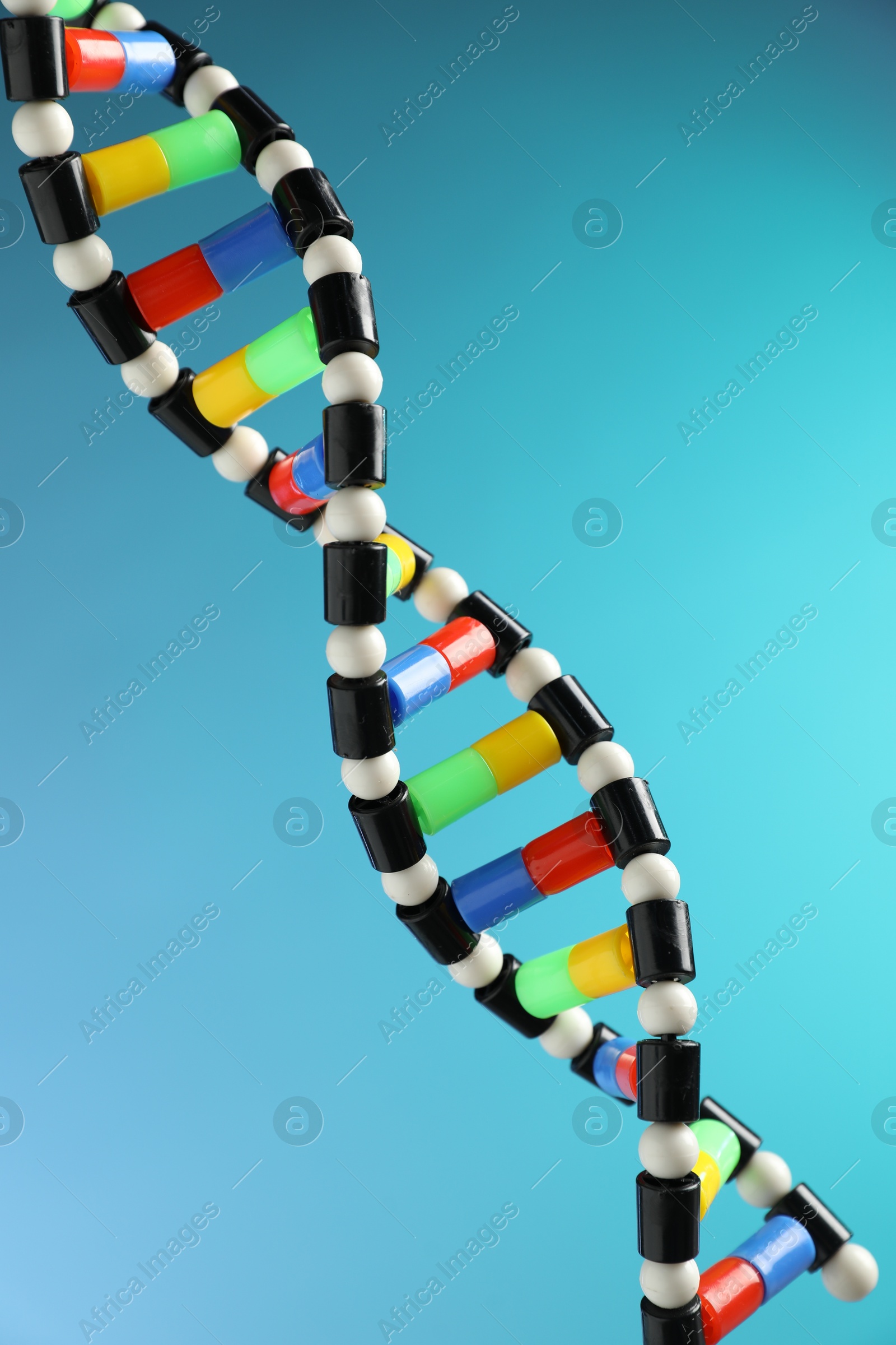 Photo of DNA structure model on light blue background, closeup