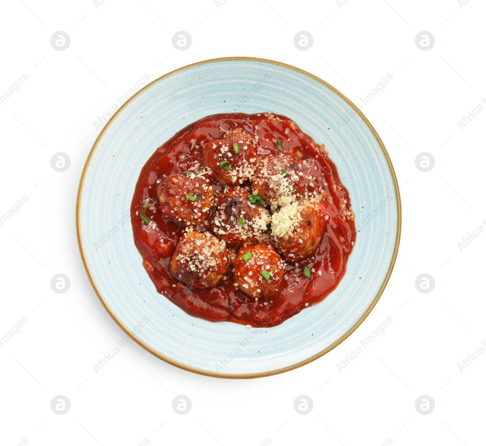 Photo of Delicious meatballs with tomato sauce, parmesan cheese and herbs isolated on white, top view