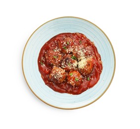 Photo of Delicious meatballs with tomato sauce, parmesan cheese and herbs isolated on white, top view