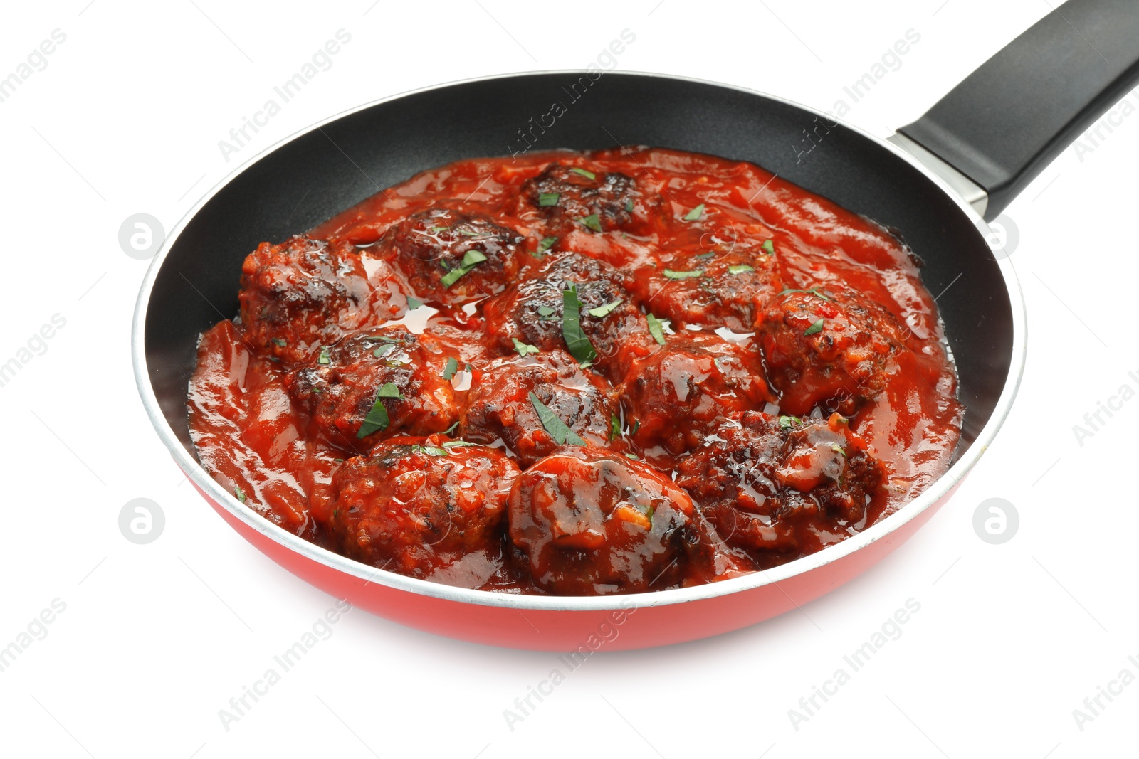 Photo of Delicious meatballs with tomato sauce and herbs isolated on white