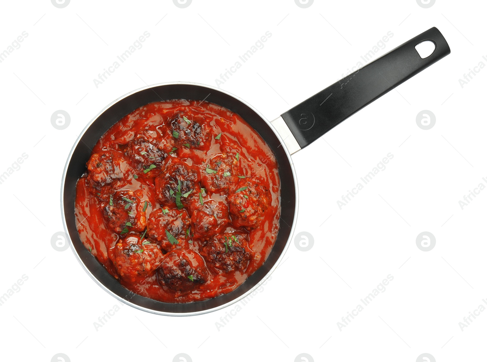 Photo of Delicious meatballs with tomato sauce and herbs isolated on white, top view