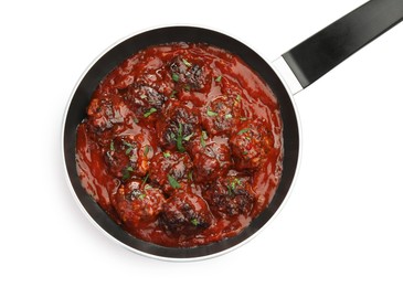 Photo of Delicious meatballs with tomato sauce and herbs isolated on white, top view