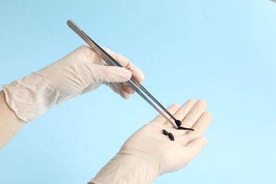 Photo of Woman holding medicinal leech with tweezers on light blue background, closeup