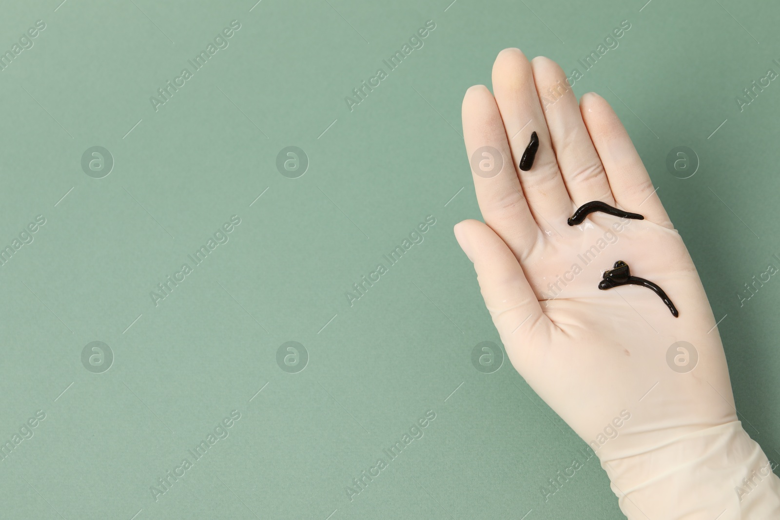 Photo of Woman holding medicinal leeches on green background, closeup. Space for text