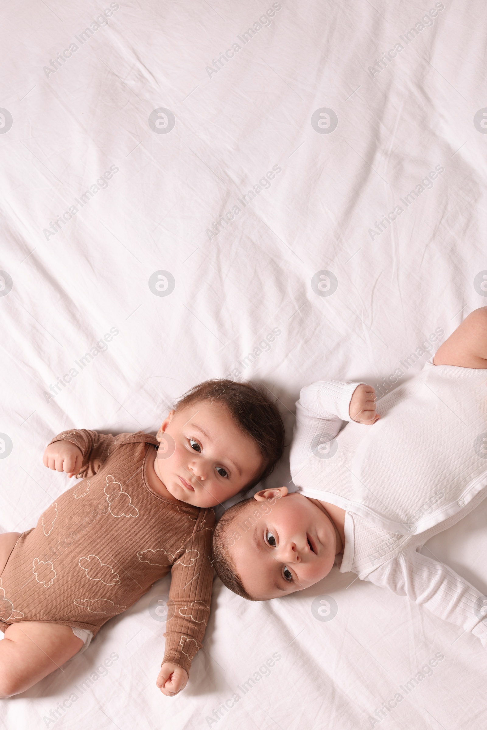 Photo of Cute twin babies resting on bed indoors, top view. Space for text