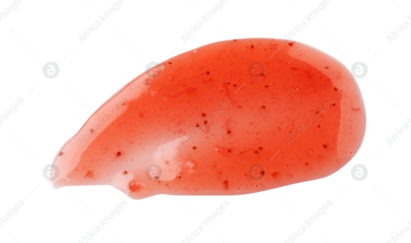 Photo of Sample of tasty strawberry sauce isolated on white, top view