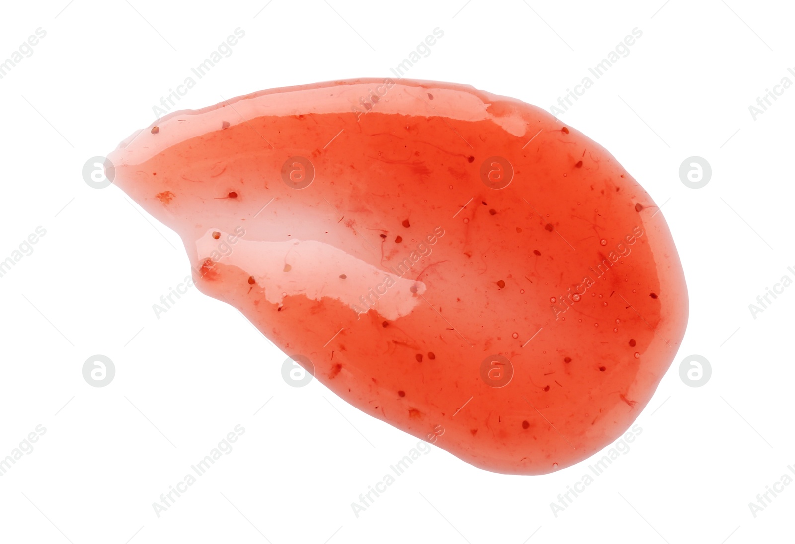 Photo of Sample of tasty strawberry sauce isolated on white, top view