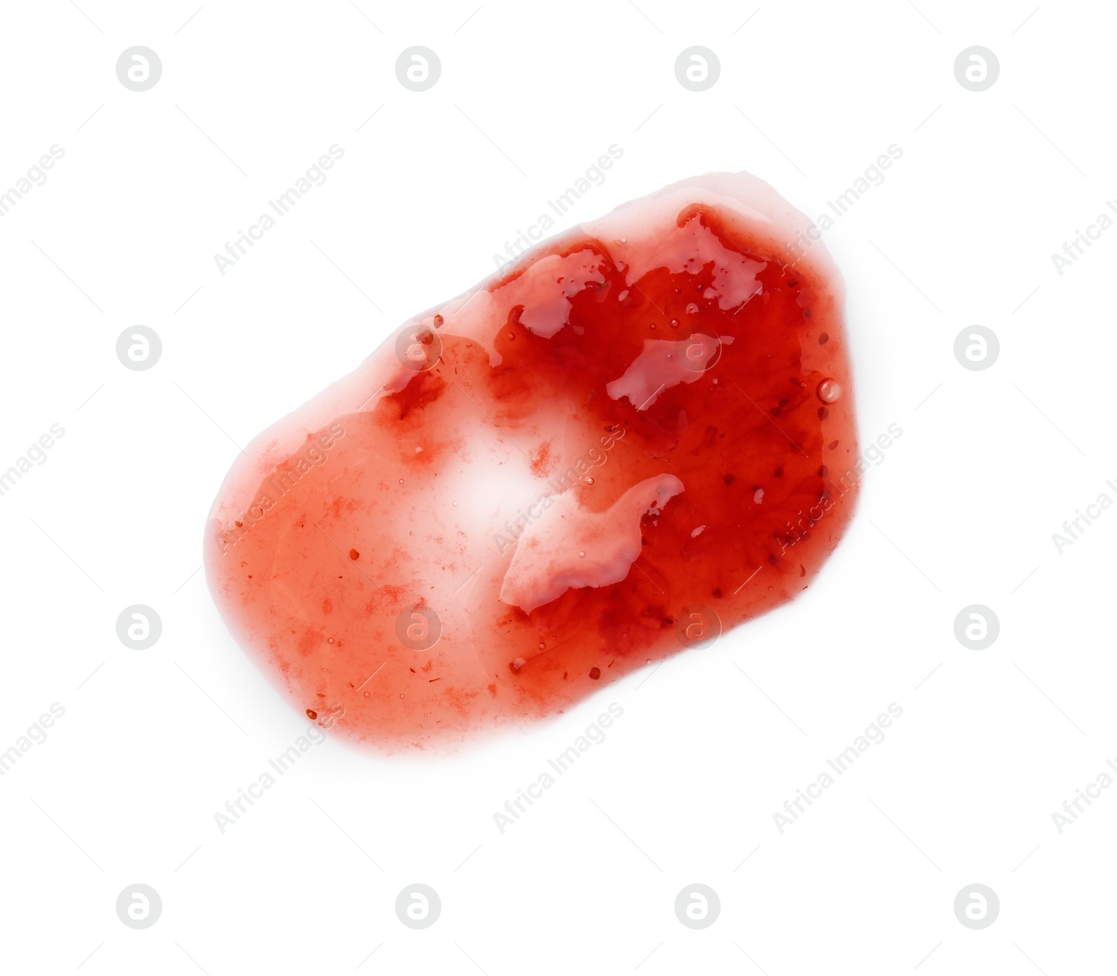 Photo of Sample of tasty strawberry sauce isolated on white, top view