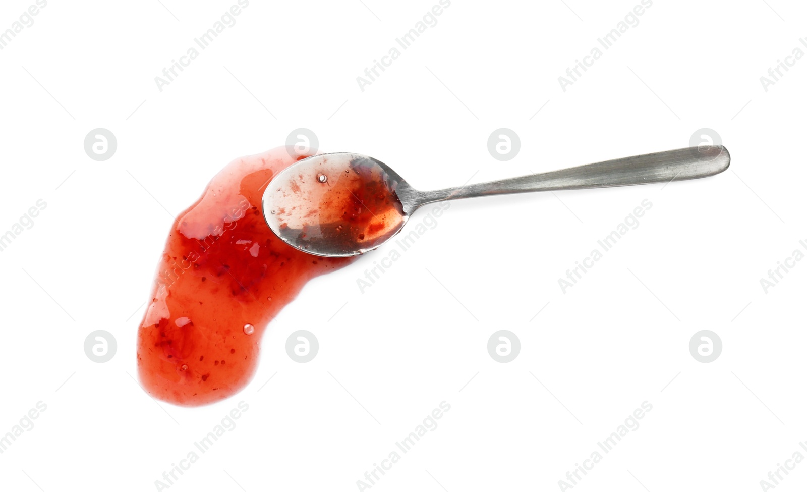 Photo of Sample of tasty strawberry sauce and spoon isolated on white, top view