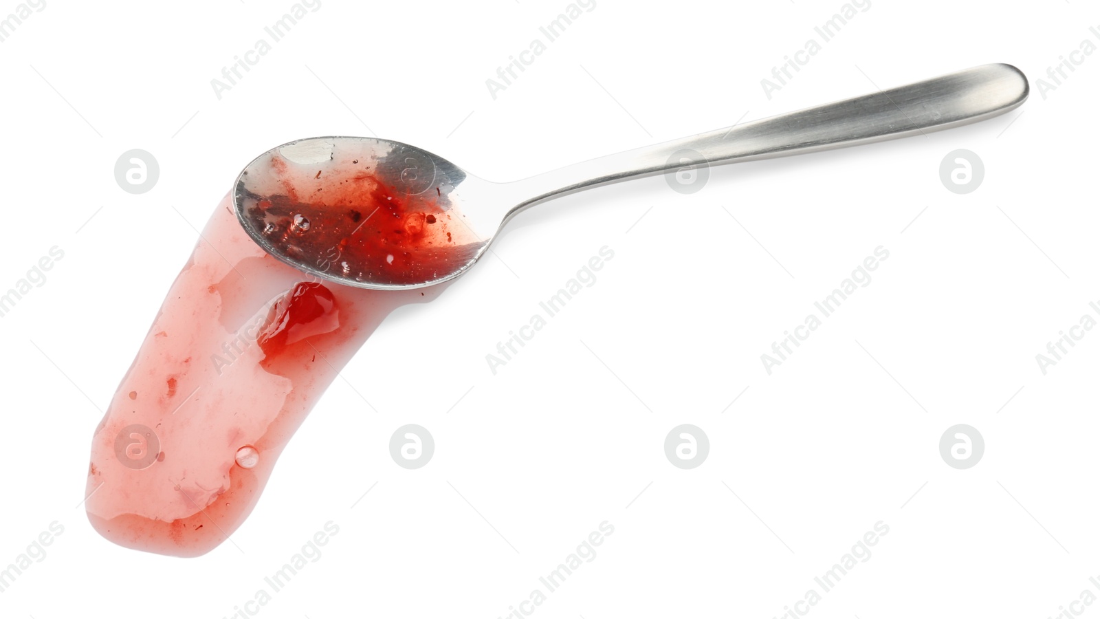 Photo of Sample of tasty strawberry sauce and spoon isolated on white