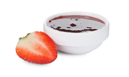 Photo of Tasty strawberry sauce in bowl and fresh berry isolated on white