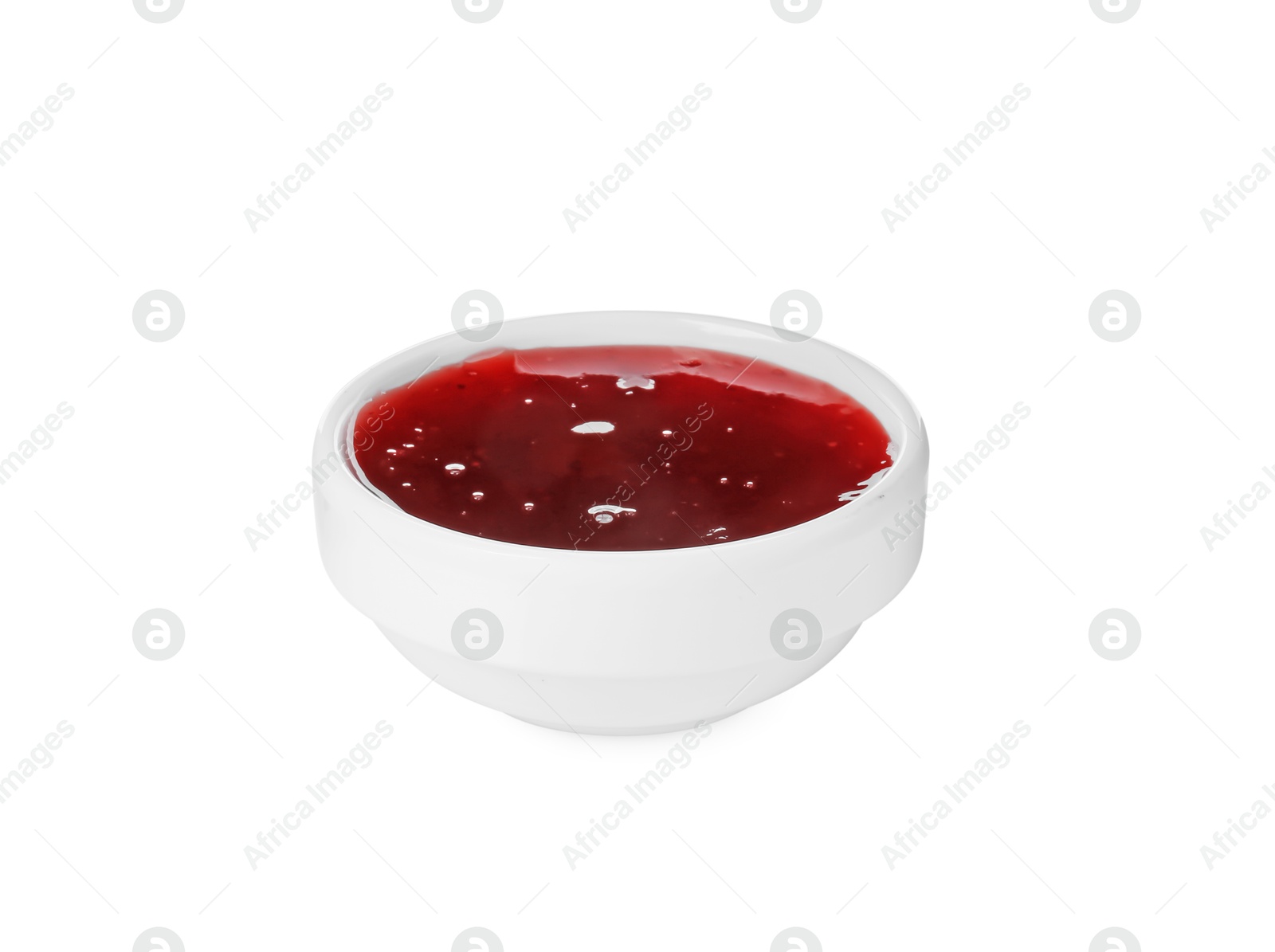 Photo of Tasty strawberry sauce in bowl isolated on white