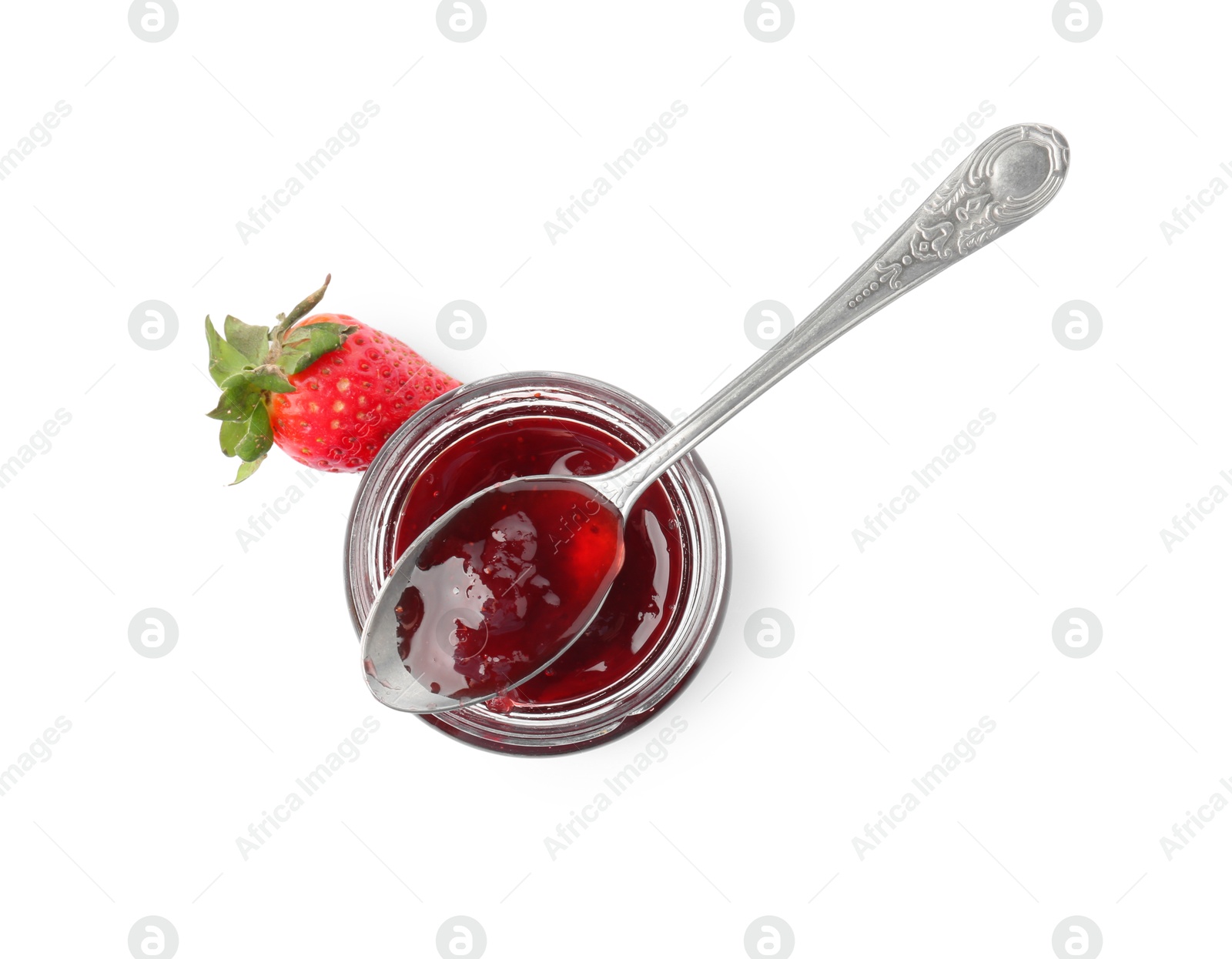 Photo of Tasty strawberry sauce in jar with spoon and fresh berry isolated on white