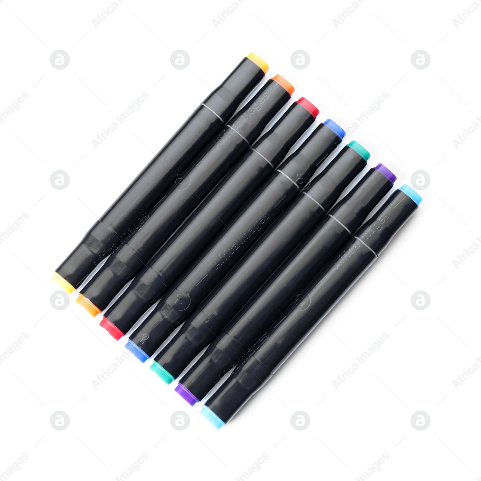 Photo of Colorful double sided markers isolated on white, top view