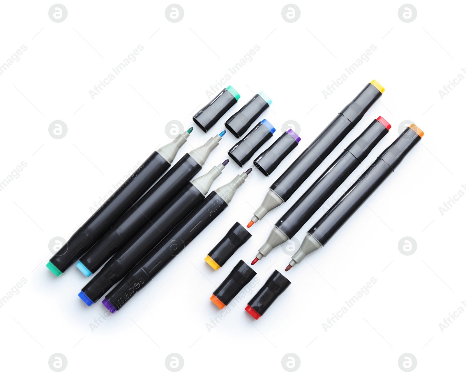 Photo of Many double sided markers isolated on white, top view