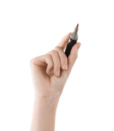 Photo of Woman with color marker on white background, closeup