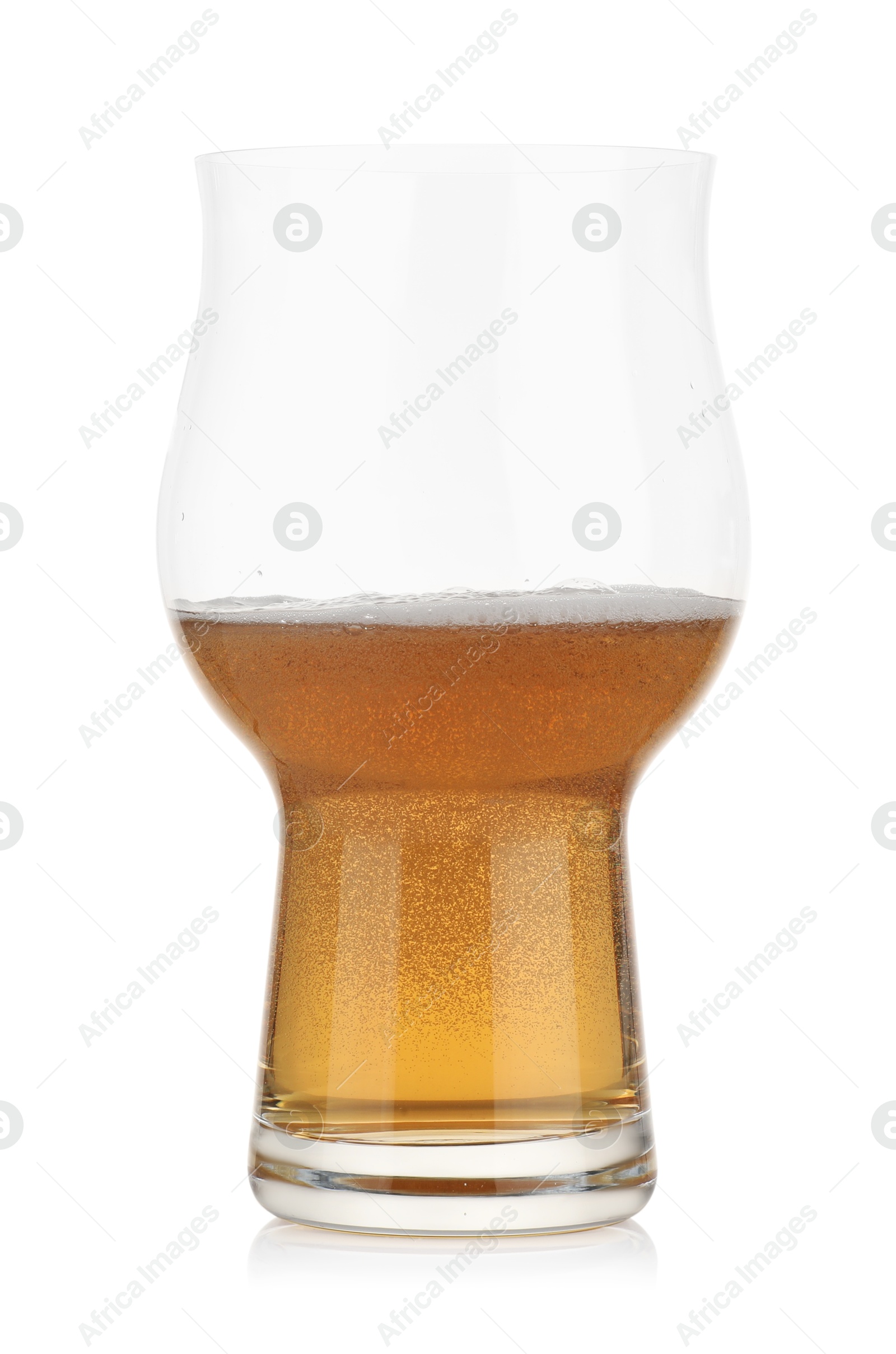 Photo of Half full glass of fresh beer isolated on white