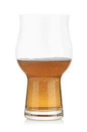 Photo of Half full glass of fresh beer isolated on white