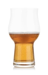 Photo of Half full glass of fresh beer isolated on white