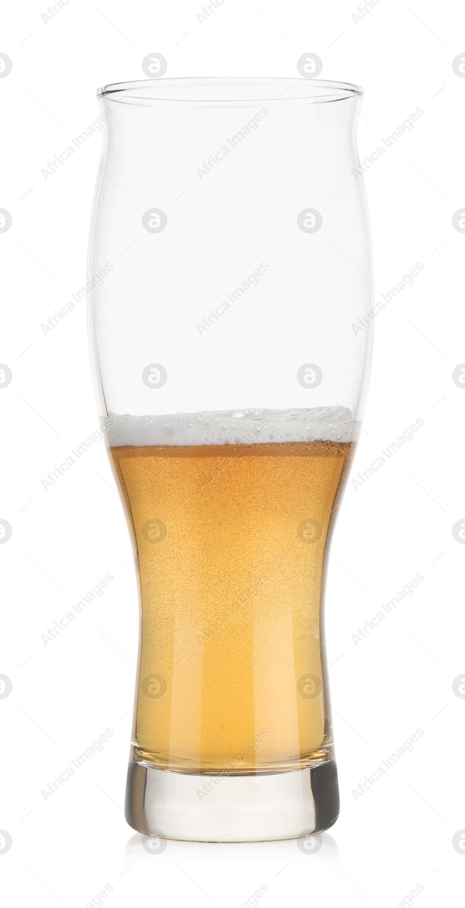 Photo of Half full glass of fresh beer isolated on white