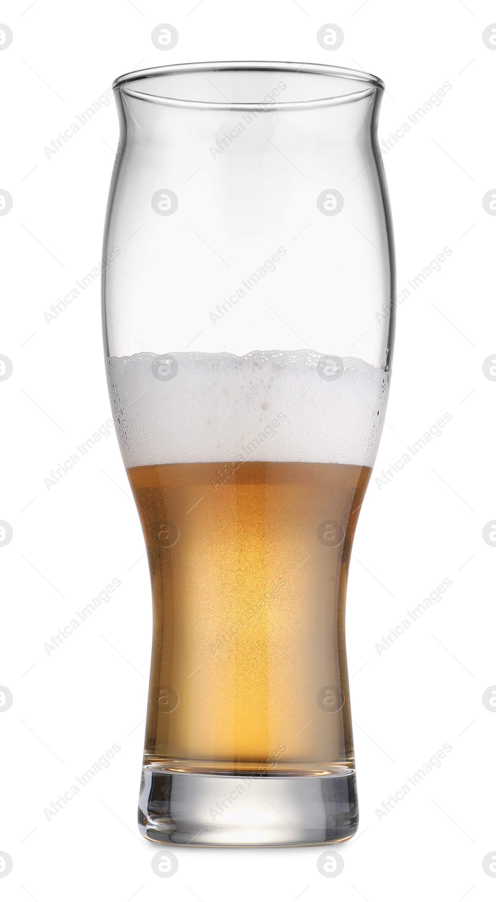 Photo of Half full glass of fresh beer isolated on white