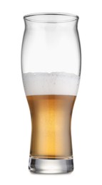 Photo of Half full glass of fresh beer isolated on white