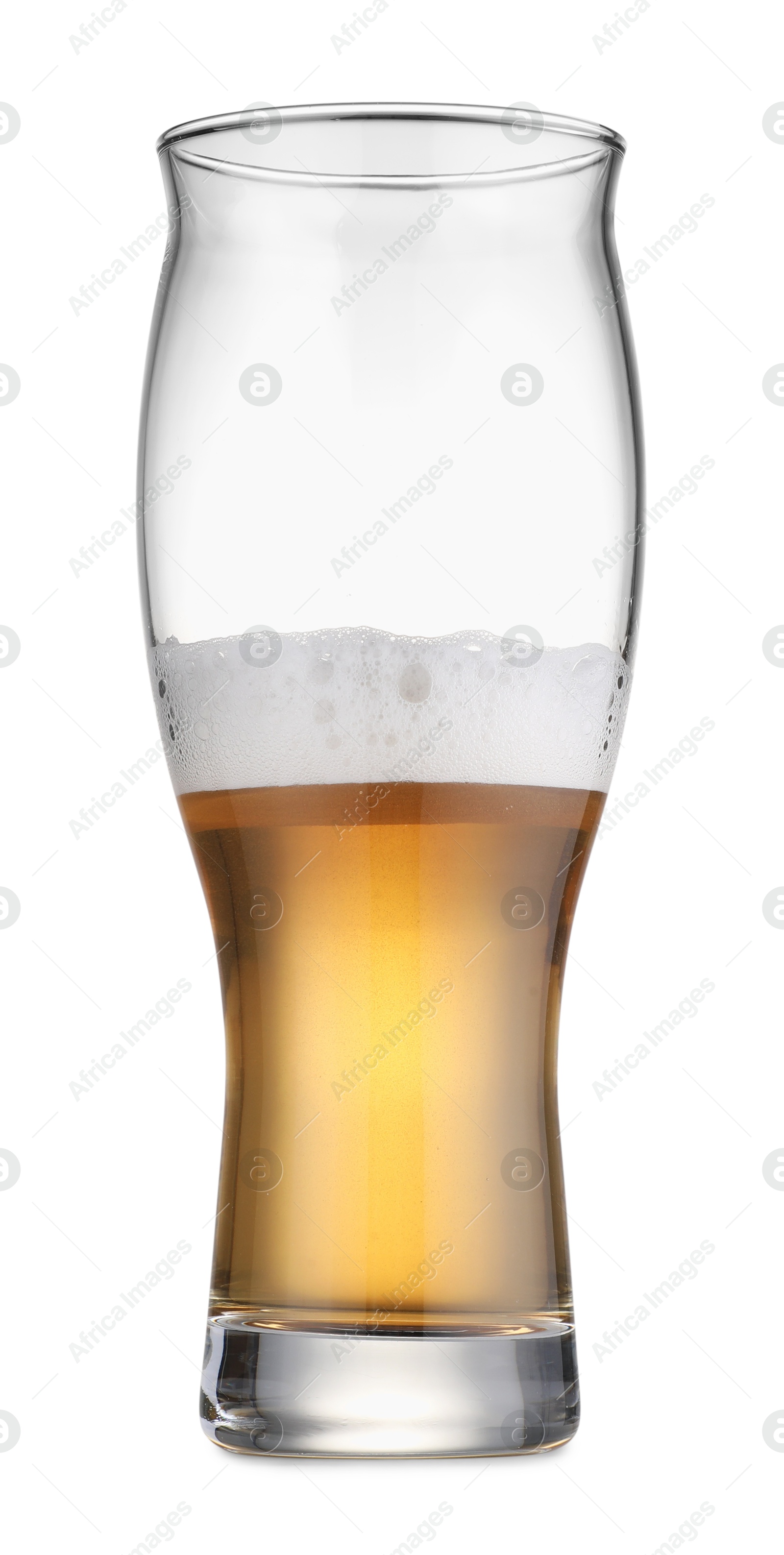 Photo of Half full glass of fresh beer isolated on white