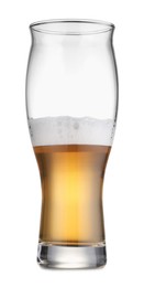 Photo of Half full glass of fresh beer isolated on white