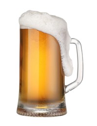 Glass mug of fresh beer with foam isolated on white