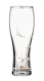 Photo of One empty beer glass isolated on white