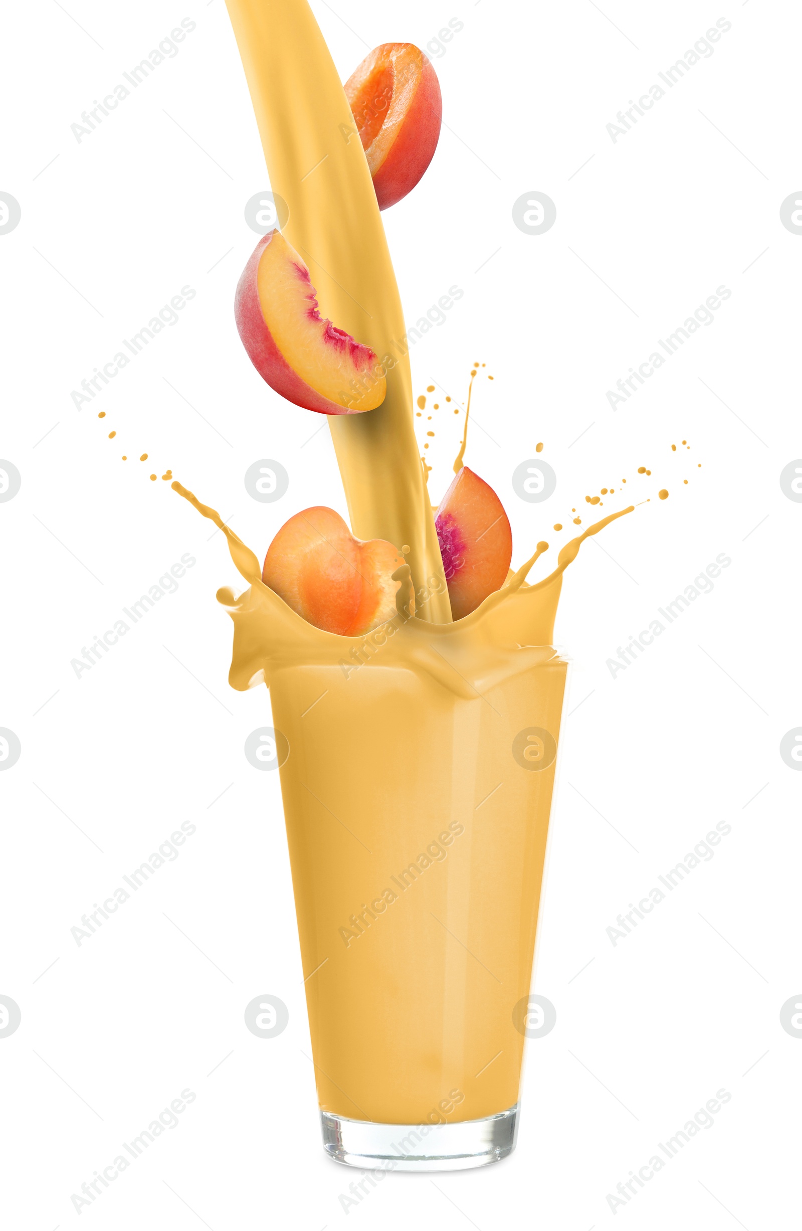 Image of Peach milkshake and fresh fruits on white background