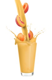 Image of Peach milkshake and fresh fruits on white background